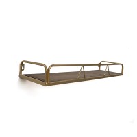 Golden Metal and Wooden Decor Rectangle Wall Shelf on the Wall